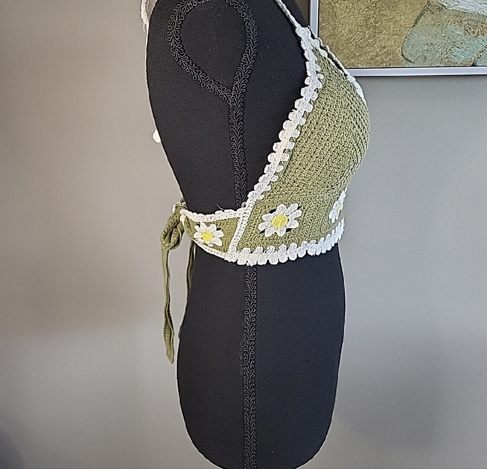 Olive Green Crochet Daisy Bralette Top‎ - Picture 2 of 6